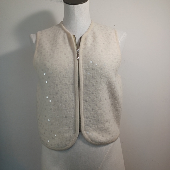 ICE Sweater Vest Ivory 100% Wool Sequin Full Zip Womens Medium - Picture 2 of 11